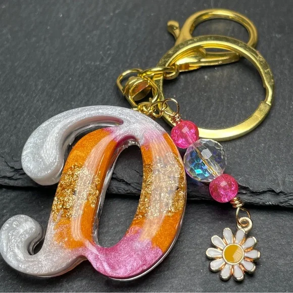 REDUCED Custom Orange Cream and Pink Letter “D” Keychain with Daisy Charm - Picture 1 of 11